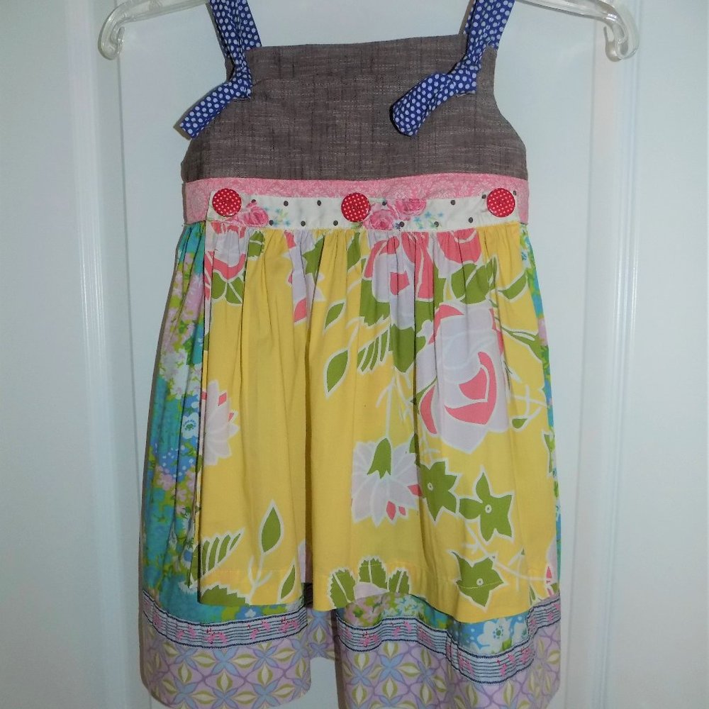Big Girls MATILDA JANE Yellow Floral Blue Polka Dot Apron Knot Dress Sz 6